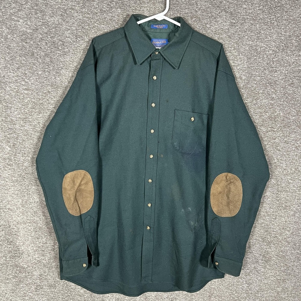 Vintage Pendleton Shirt Mens XLT Tall Green Wool Elbow Patches Made USA